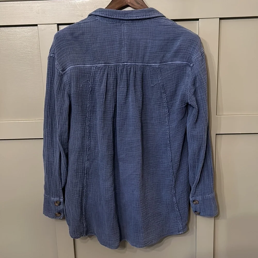 FREE People All About The Feels Button Up Shirt 100% Cotton Gauze Blue Size XS